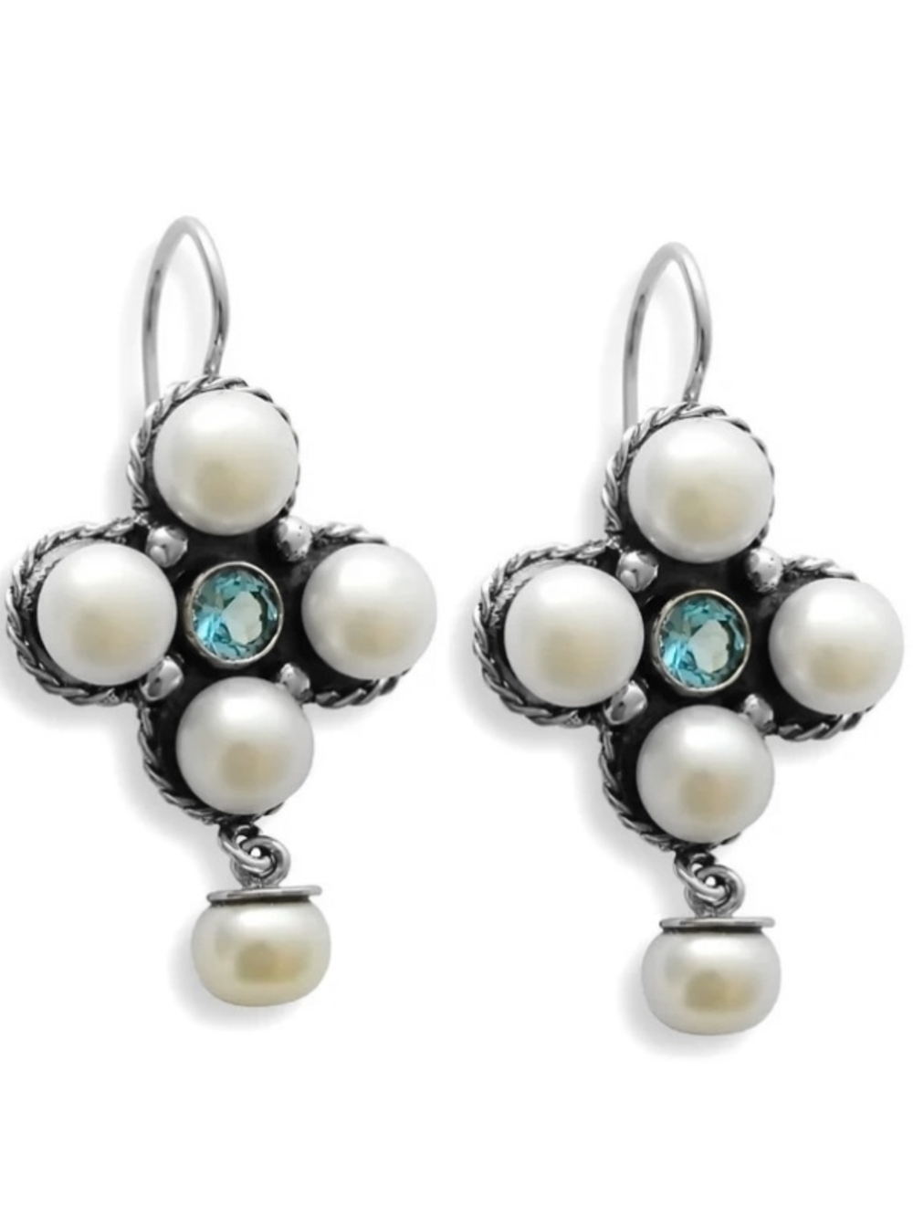 Elegant Pearl and Blue Topaz Cross Drop Earrings - Silver Tone